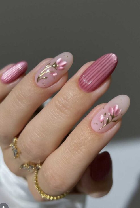 Dusty Rose Gold Floral Shimmer Dusty Rose Gold Floral Shimmer — Winter to Spring Transition Nails