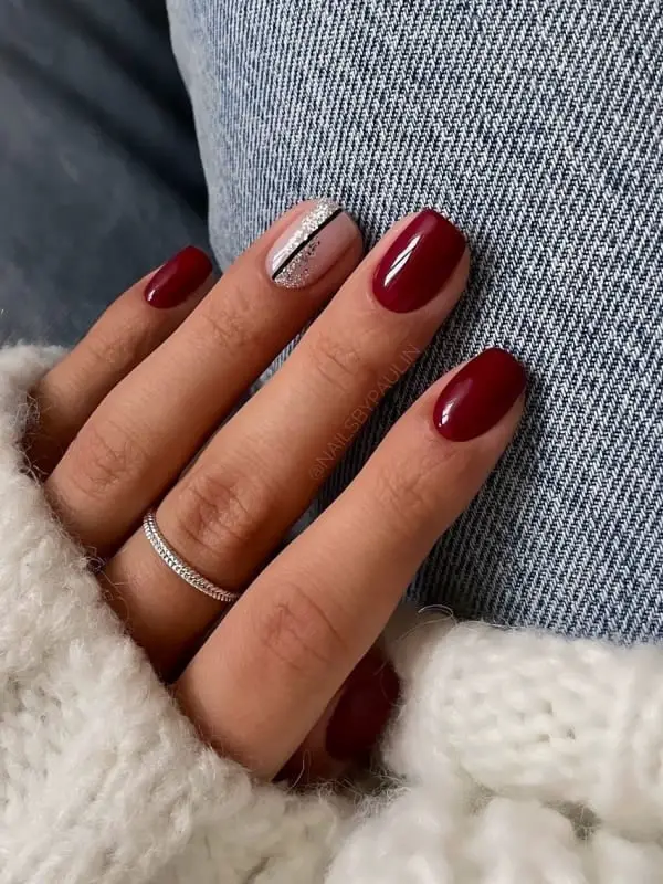 Deep Red with Feminine Bow Accent Deep Red with Feminine Bow Accent — Winter Red Nails