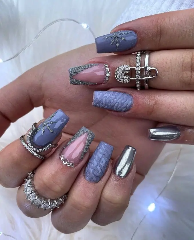 Textured Knit Gray-Blue Coffin Nails Textured Knit Gray-Blue Coffin Nails — Winter Gray Nails
