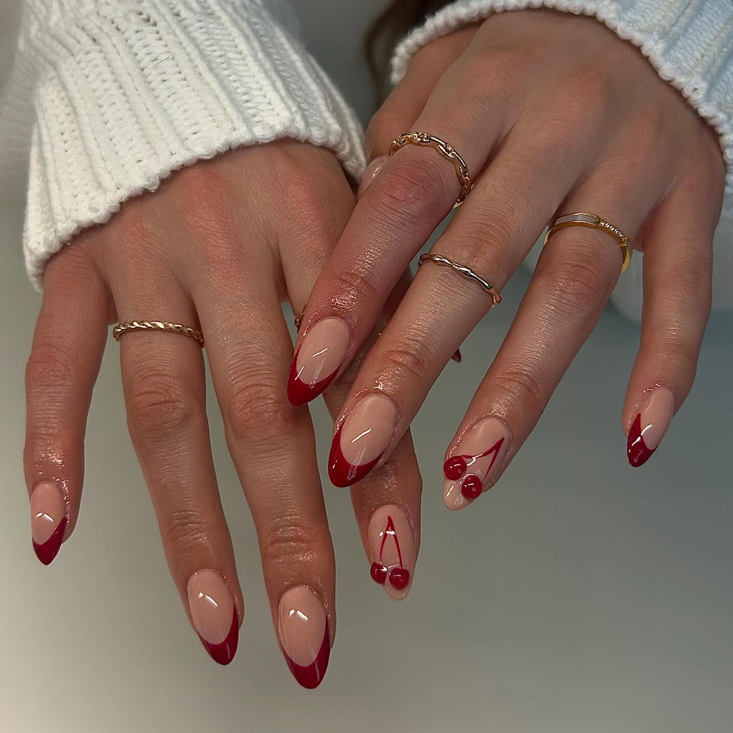 Clean Lines Precise Art Red French Tips with Cherry Accents — Cherry Red Nails