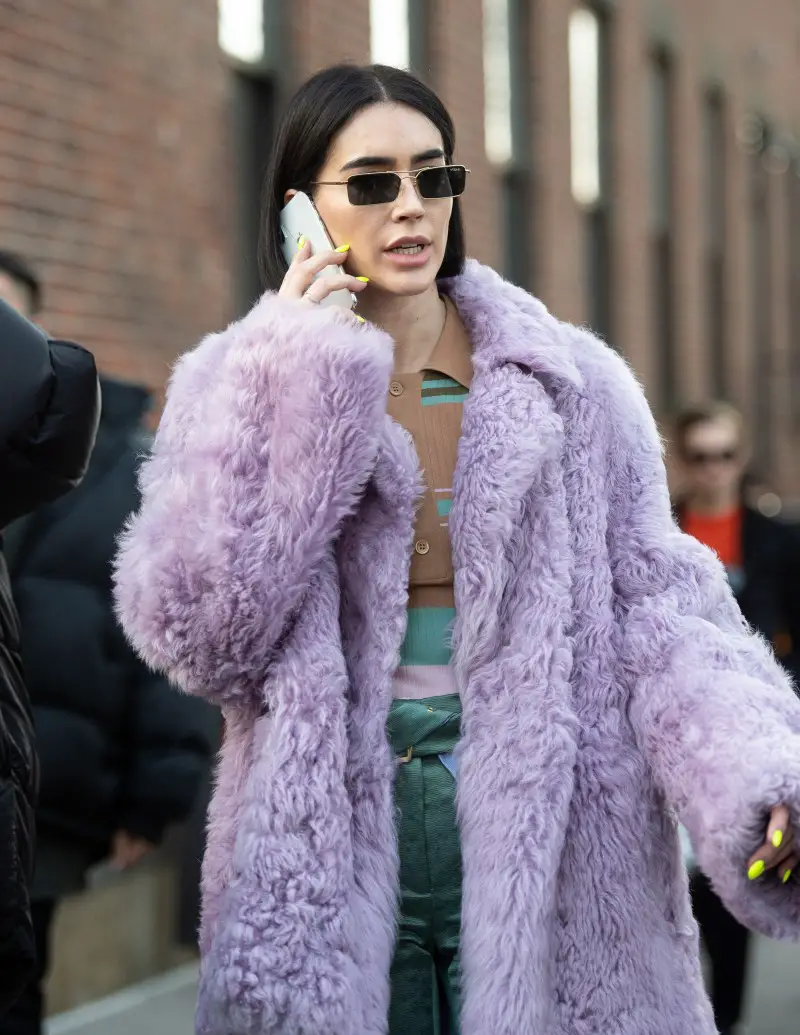 Oversized Lavender Faux Fur Coat Over Striped Top and Green Trousers — Colorful Winter Outfits