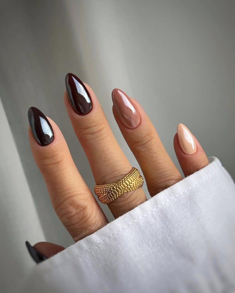 Mixed Chrome and Glossy Brown Stilettos — Brown Nail Designs
