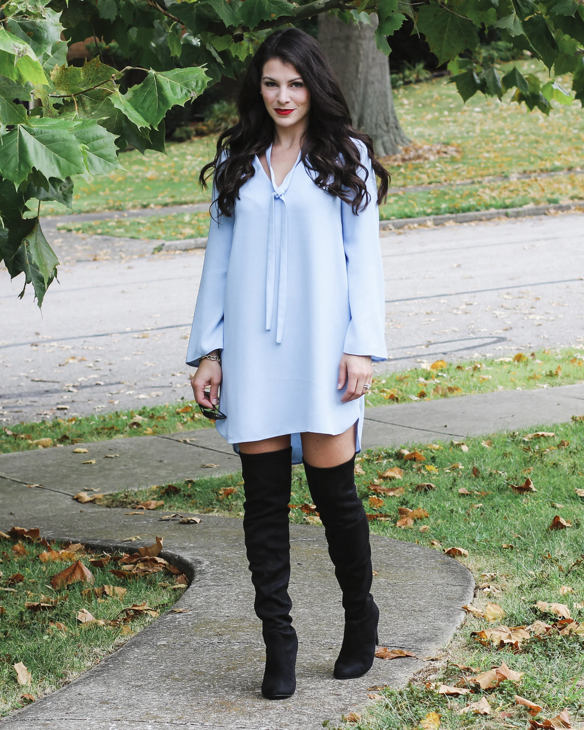 Black Over-the-Knee Boots with Light Blue Tunic Dress Black Over-the-Knee Boots with Light Blue Tunic Dress — Over the Knee Boots Outfits