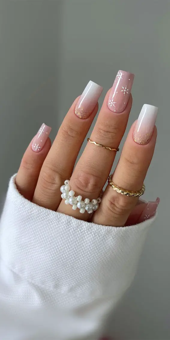 Nude To White Gradient With Gold Glitter Nude White Ombre Gold Glitter Snowflake Nails Nude To White Gradient With Gold Glitter Nude White Ombre Gold Glitter Snowflake Nails — Winter Square Nails