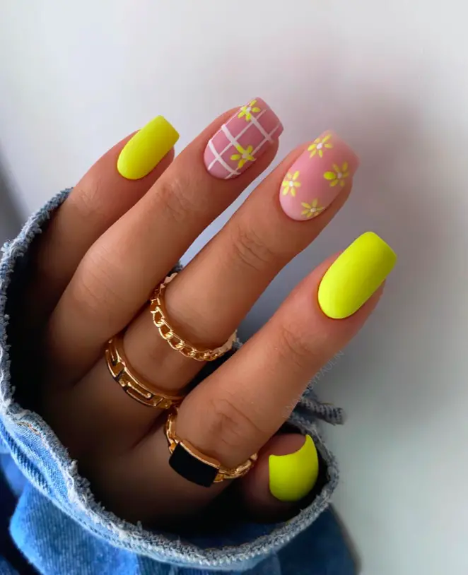Matte Yellow Plaid and Floral Accents Matte Yellow Plaid and Floral Accents — Yellow Nail Designs