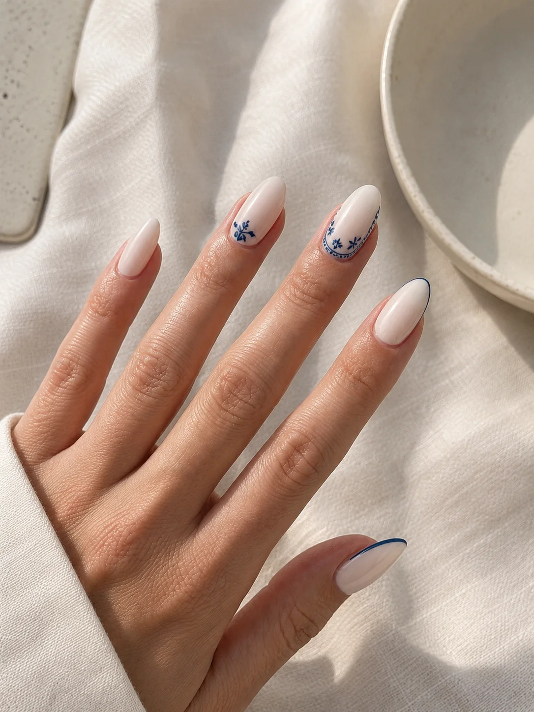 Off-White with Blue Line Art Nails Off-White with Blue Line Art Nails — Classy Simple Nail Designs