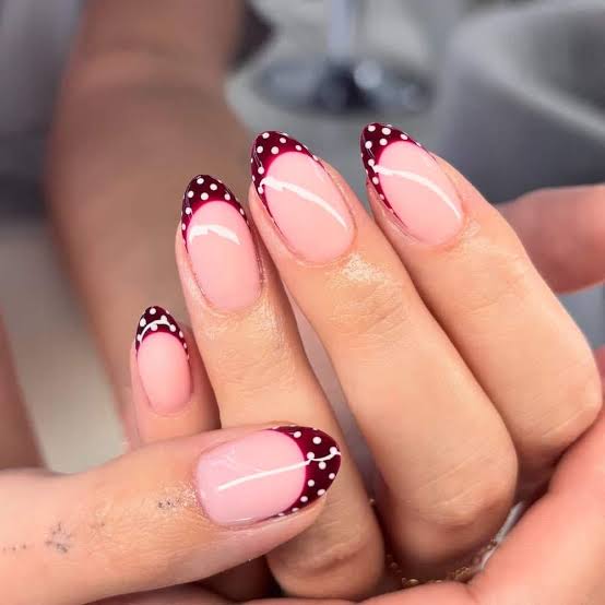 Polka Dot Dark Red French Medium Almond Nails Polka Dot Dark Red French Medium Almond Nails — Cute Nail Designs