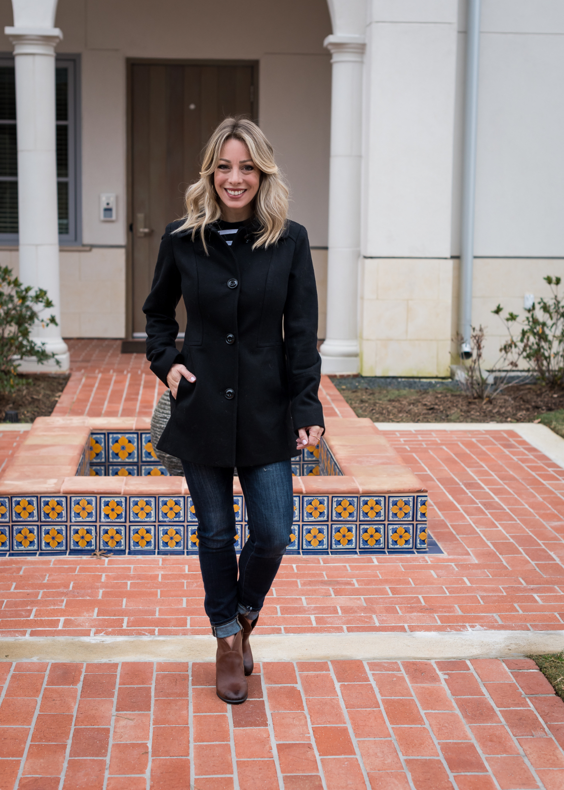 Fitted Black Peacoat with Striped Top and Brown Boots — Peacoat Outfits