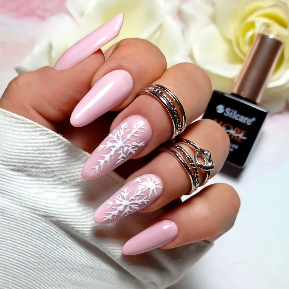 Pastel Pink Snowflake Stiletto Nails Pastel Pink Snowflake Stiletto Nails — Snowflake Nails