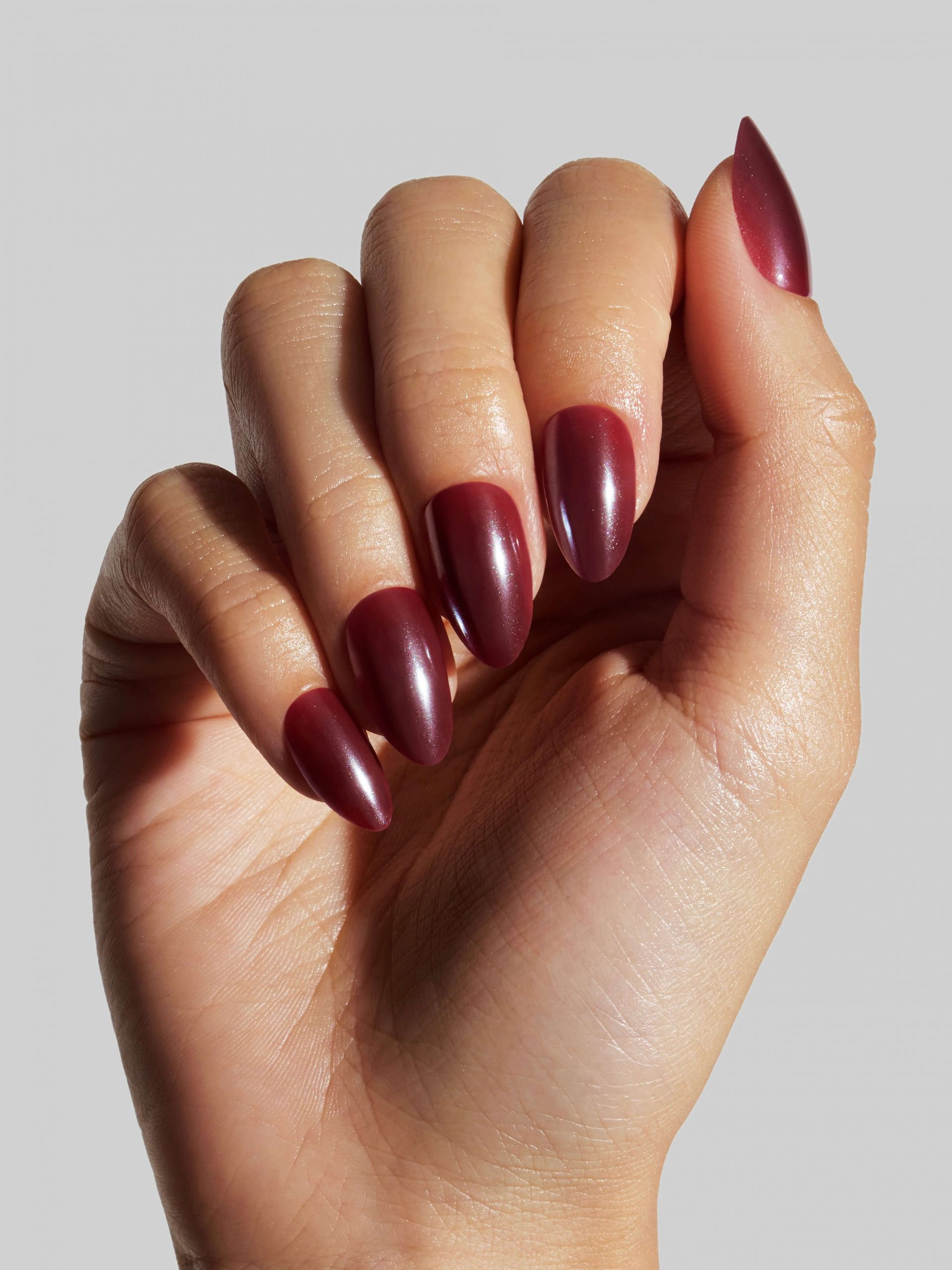 Shimmering Deep Burgundy Medium Almonds — Black Cherry Nails