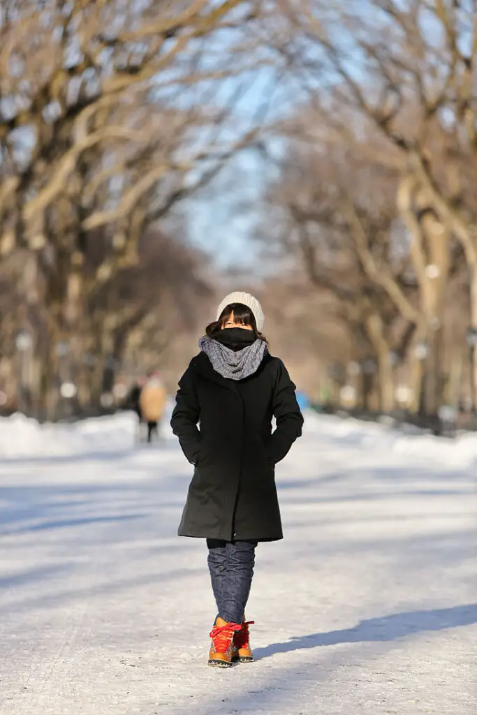 Bright Red and Orange Snow Boots with Black Coat Bright Red and Orange Snow Boots with Black Coat — Snow Boots Outfits