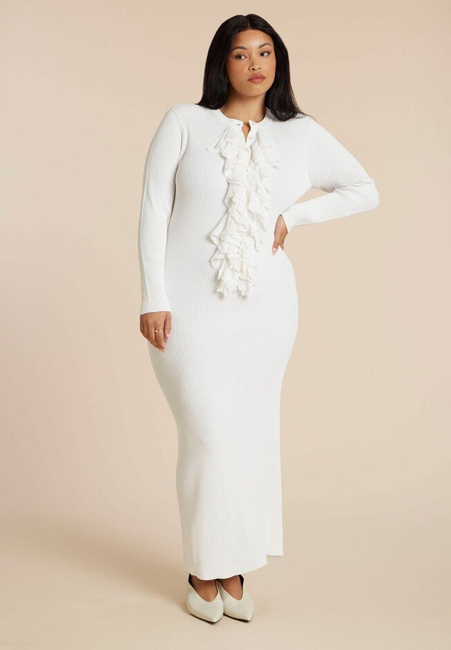White Ribbed Knit Maxi Dress with Ruffle Detail White Ribbed Knit Maxi Dress with Ruffle Detail — Winter Outfits for Curvy Women