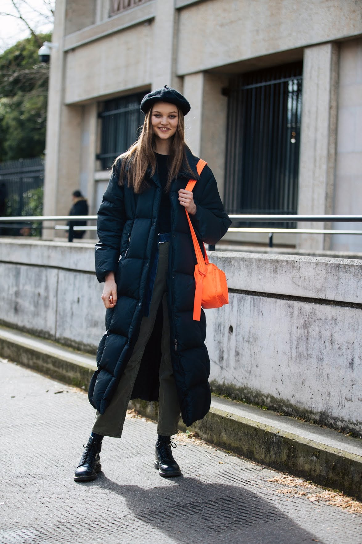 Long Black Puffer with Orange Handbag and Combat Boots Long Black Puffer with Orange Handbag and Combat Boots — Winter Puffer Jacket Outfits
