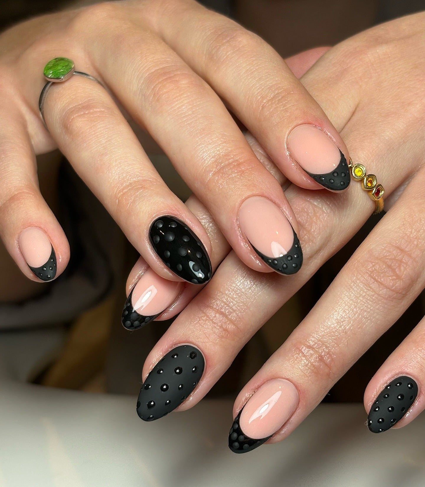 Medium Almond 3D Black Dots on Matte Medium Almond 3D Black Dots on Matte — Black Nail Ideas