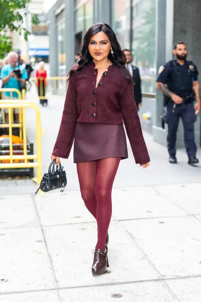 Casual Burgundy Knit Cardigan Over Faux Leather Skirt and Tights Casual Burgundy Knit Cardigan Over Faux Leather Skirt and Tights — Burgundy Outfits