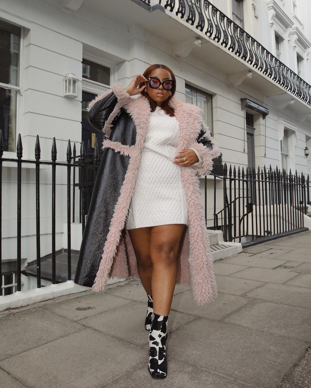 Black Faux Leather Coat with Pink Shearling Trim — Shearling Coat Outfits