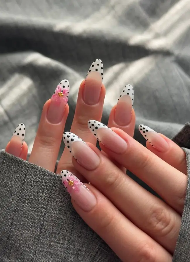 Polka Dot Floral Decal Almonds Polka Dot Floral Decal Almonds — Almond Nail Inspo