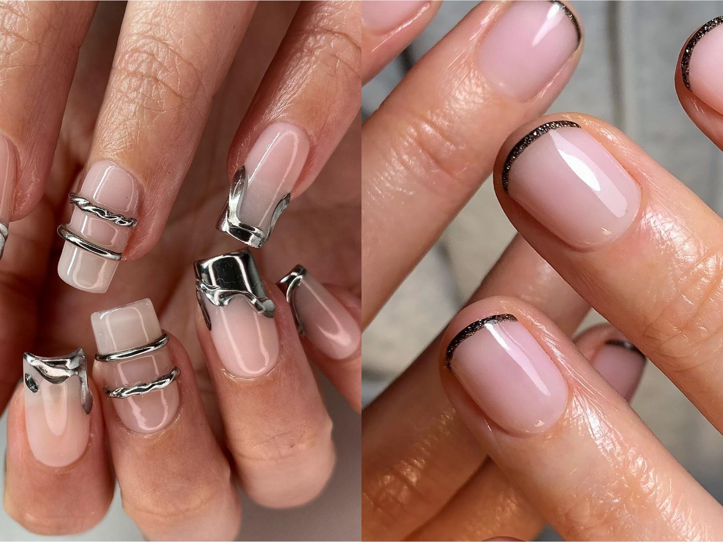 Sheer Pink Base Black Line Short Oval Black Line French Tips — Simple Nail Designs