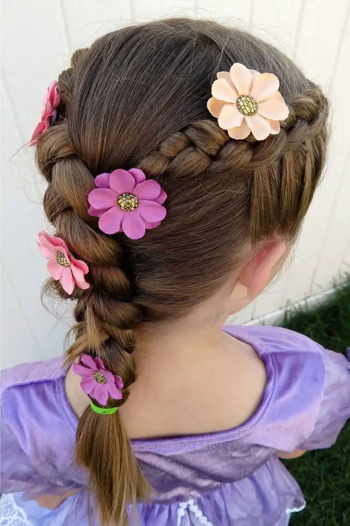 Braided Pigtails With Flowers — Winter Hairstyles for Kids