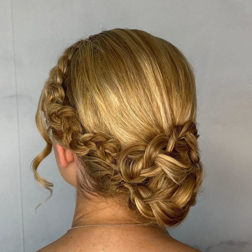Mid-Back Blonde Braided Updo With Crown Effect — Winter Formal Hairstyles