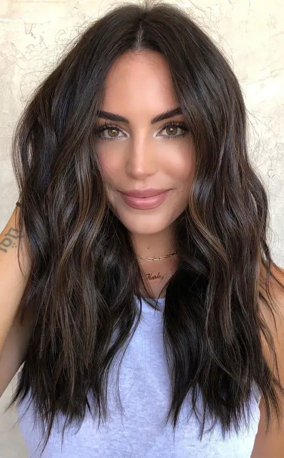 Dark Chocolate Brown With Caramel Highlights Dark Chocolate Brown With Caramel Highlights — Winter Hair Colors for Pale Skin