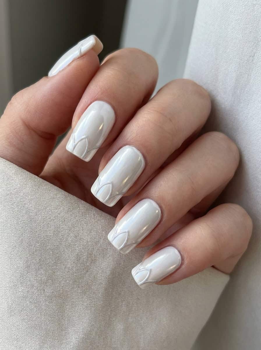 White Chrome with Embossed Petal Designs — Chrome Nail Designs