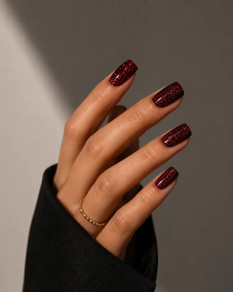 Deep Red Intense Glitter Deep Red Intense Glitter — Short Winter Gel Nails