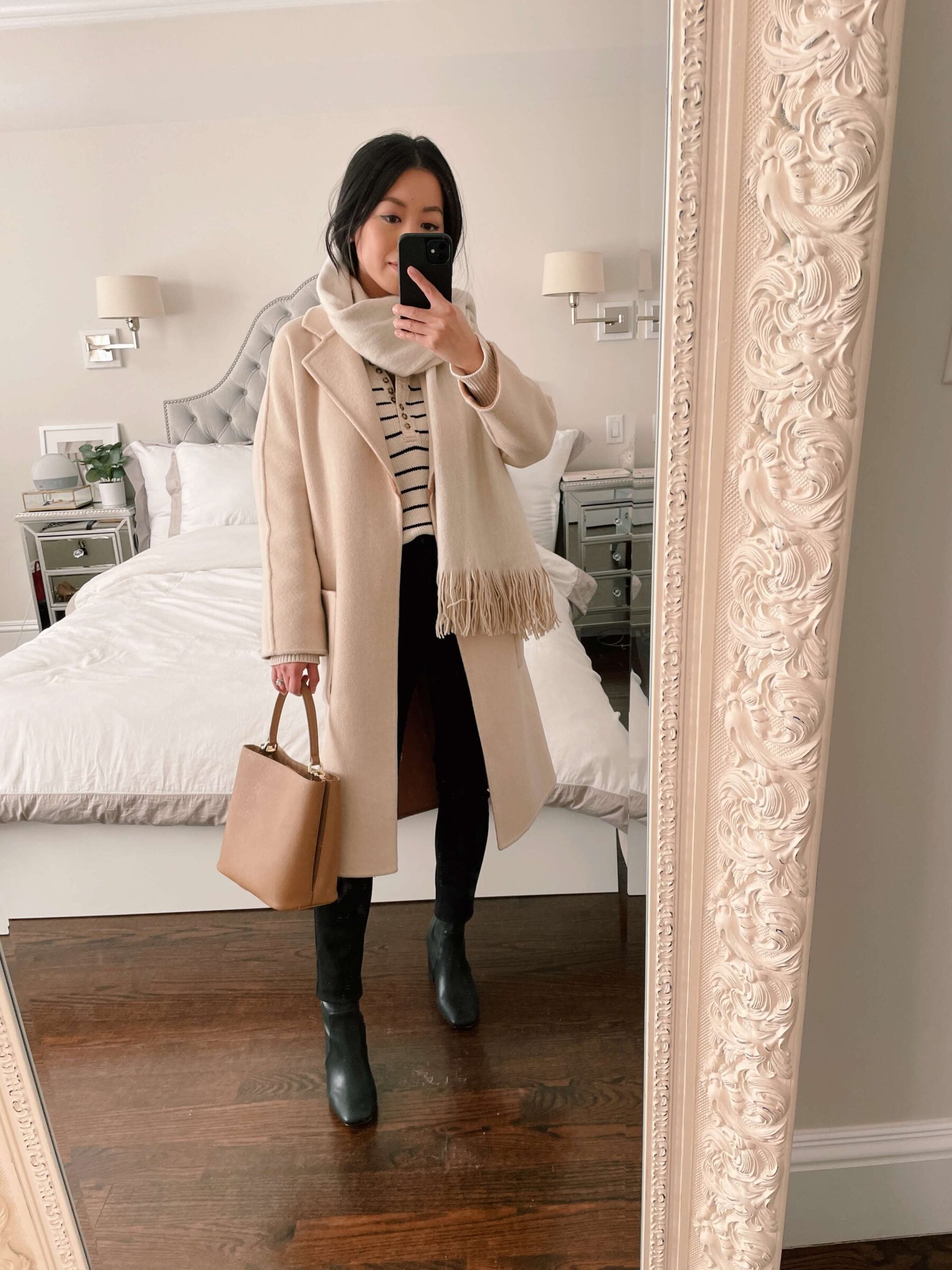 Cream Wool Coat with Contrasting Trim and Fringed Scarf — Winter Outfits for Petite Women