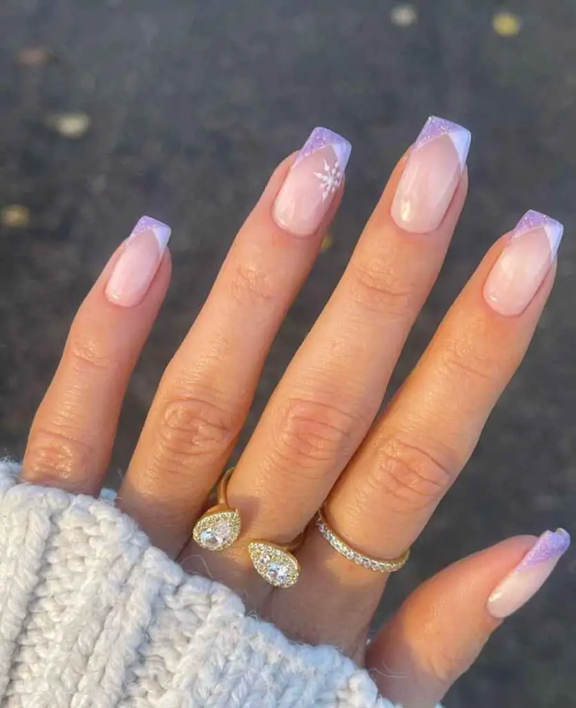 Glitter French Tips and Snowflake Accent Glitter French Tips and Snowflake Accent — Winter Purple Nails