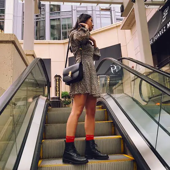 Leopard Print Mini Dress and Red Socks with Black Combat Boots Leopard Print Mini Dress and Red Socks with Black Combat Boots — Combat Boots Outfits