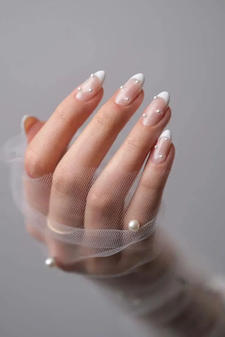 Pearl Scattered French Medium Almond Nails — Winter Wedding Nails
