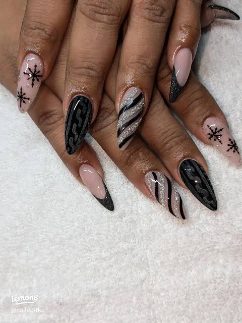 Black Cable Knit Stripe Stilettos Black Cable Knit Stripe Stilettos — Winter Stiletto Nails