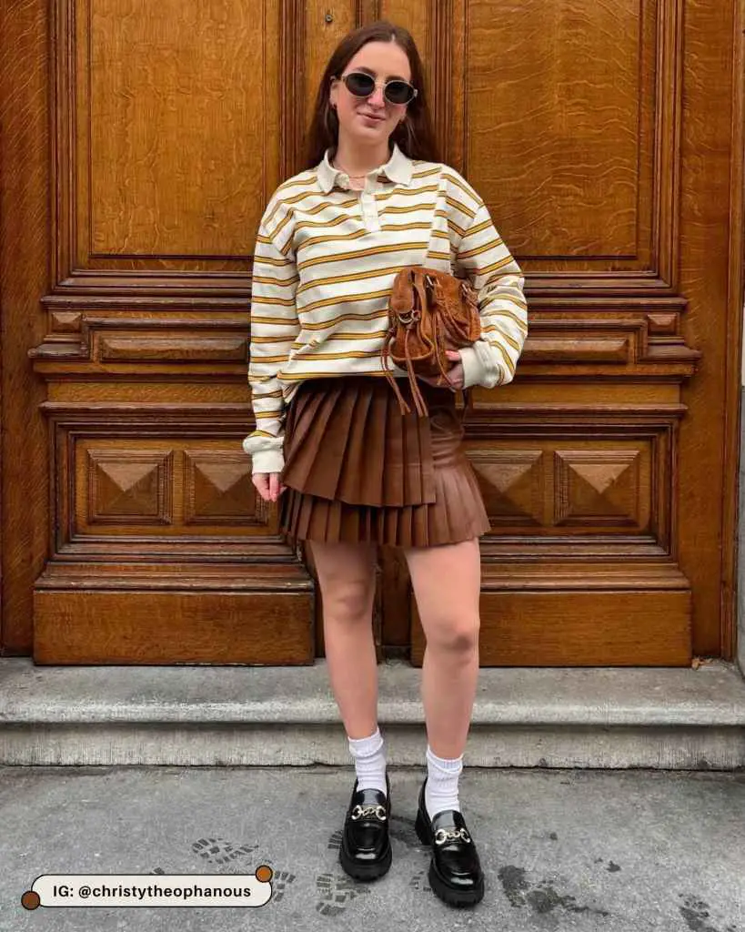 Preppy Polish: Pleated Leather Mini Skirt with Striped Polo Preppy Polish: Pleated Leather Mini Skirt with Striped Polo — Leather Skirt Outfits