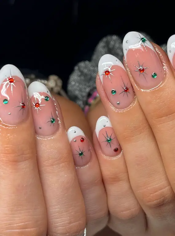 Pink French Tips with Festive Rhinestones Pink French Tips with Festive Rhinestones — Winter Almond Nails