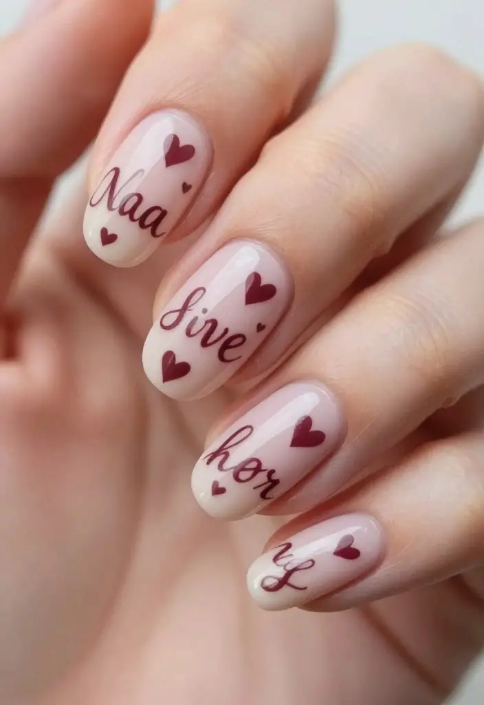 Script Text Heart Short Oval Nails Script Text Heart Short Oval Nails — Cute Nail Designs