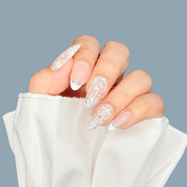 Lace Snowflake French Tip Long Almond Nails Lace Snowflake French Tip Long Almond Nails — Winter White Nails
