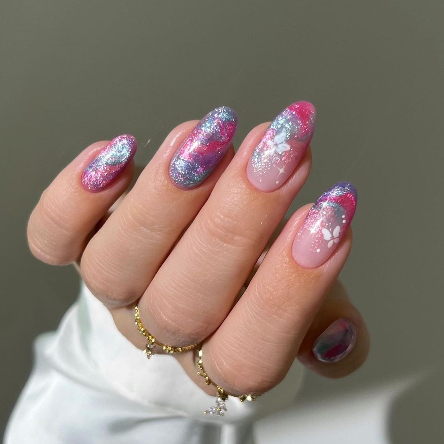 White Grey Marble Gold Foil Almonds — Winter Marble Nails