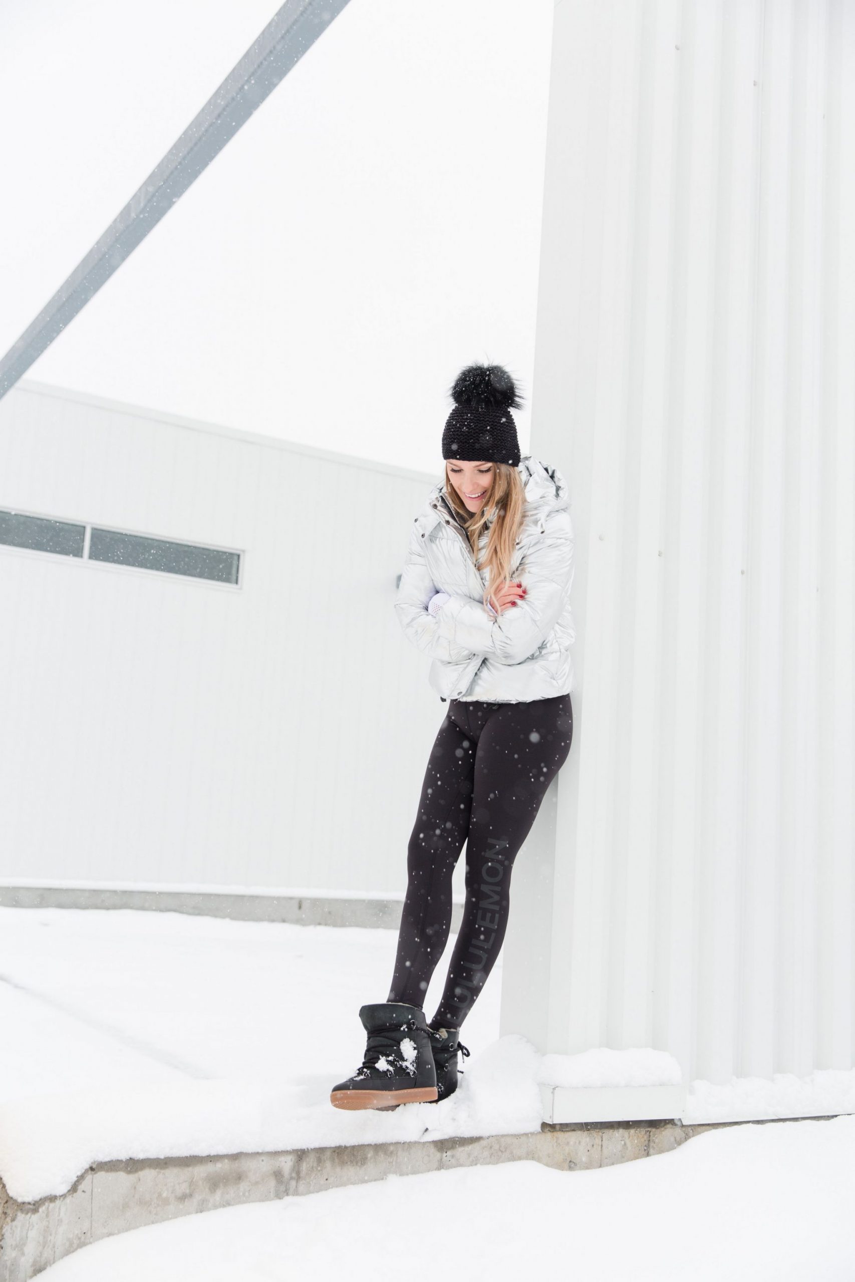 Silver Puffer Jacket and Black Beanie for Snowy Outings — Winter Workout Outfits