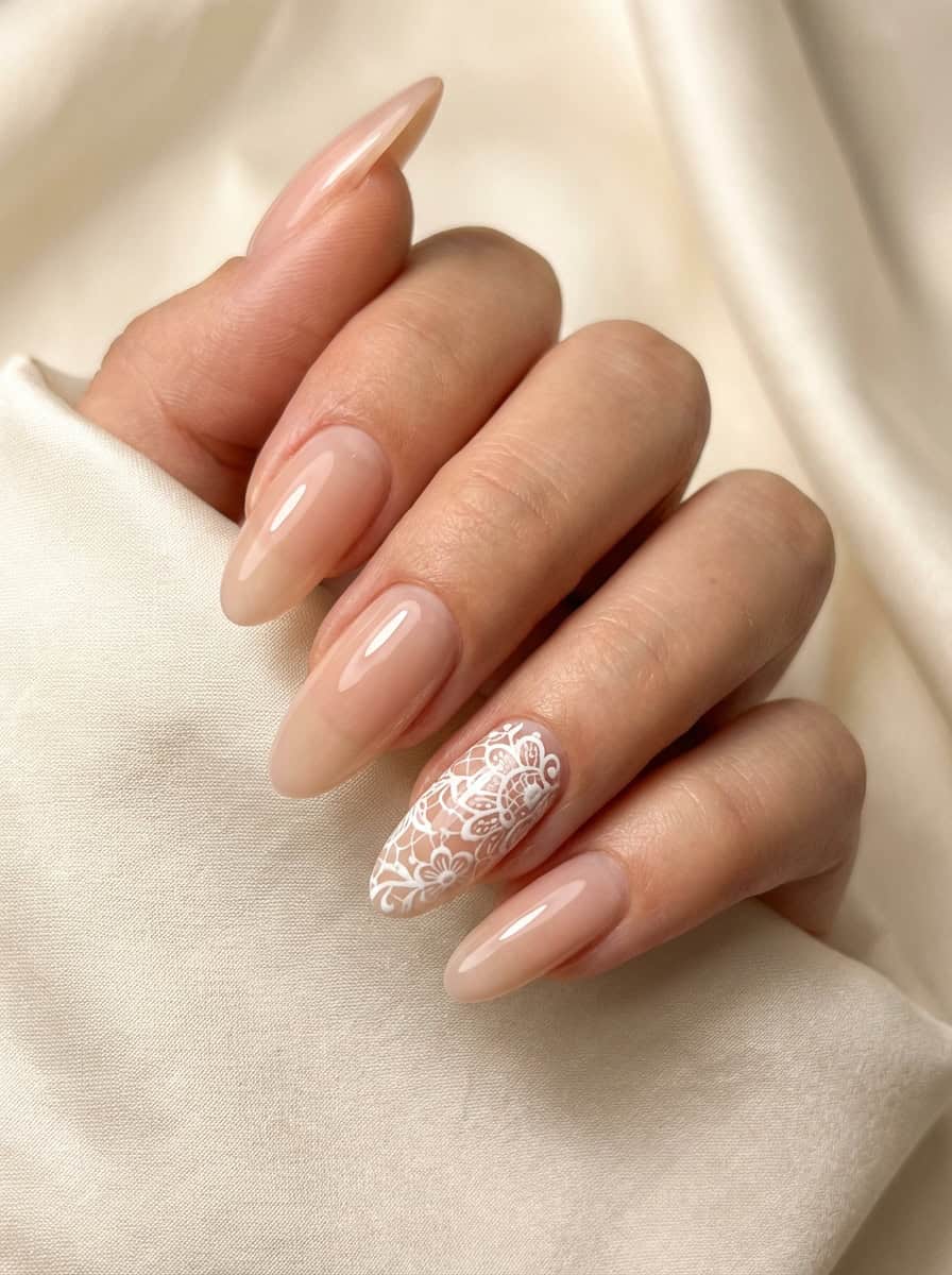 Nude Lace Decal Almonds Nude Lace Decal Almonds — Almond Nail Designs