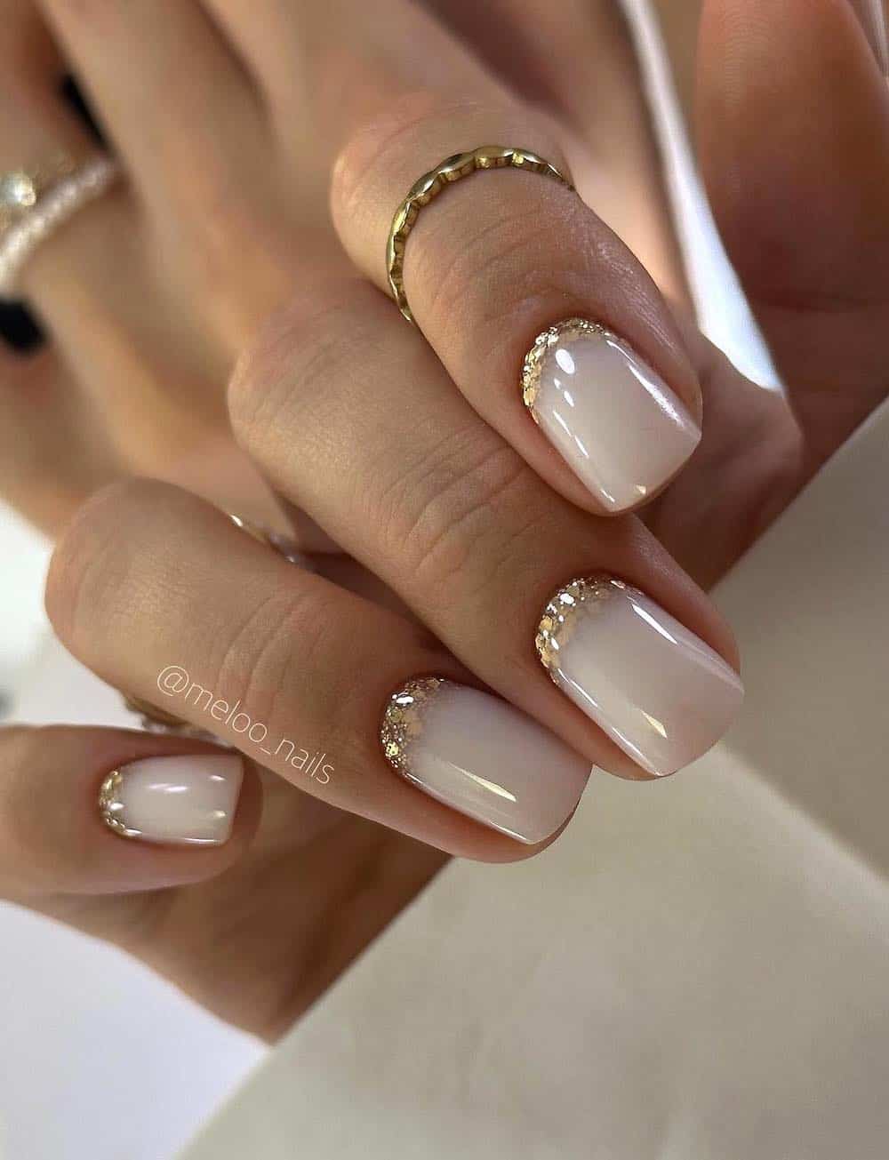 Milky White With Gold Glitter Cuticle Milky White With Gold Glitter Cuticle — Short Winter Nails