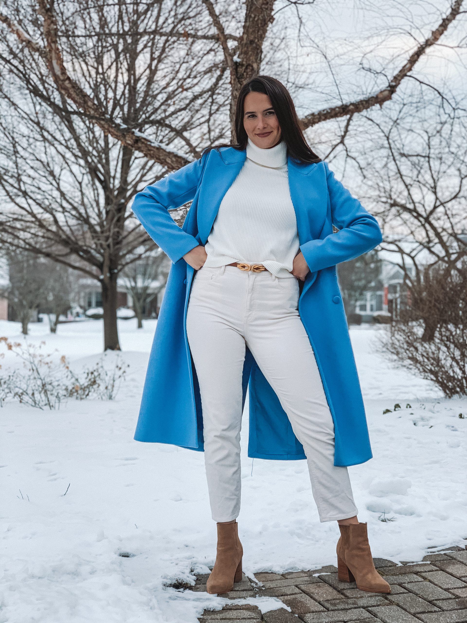 Textured White Wool Coat with Lace-Up Boots — Winter White Outfits