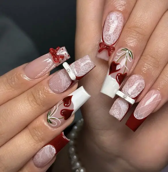 Romantic Red Bow Lace Cherry Coffin Nails Romantic Red Bow Lace Cherry Coffin Nails — Coffin Nail Designs