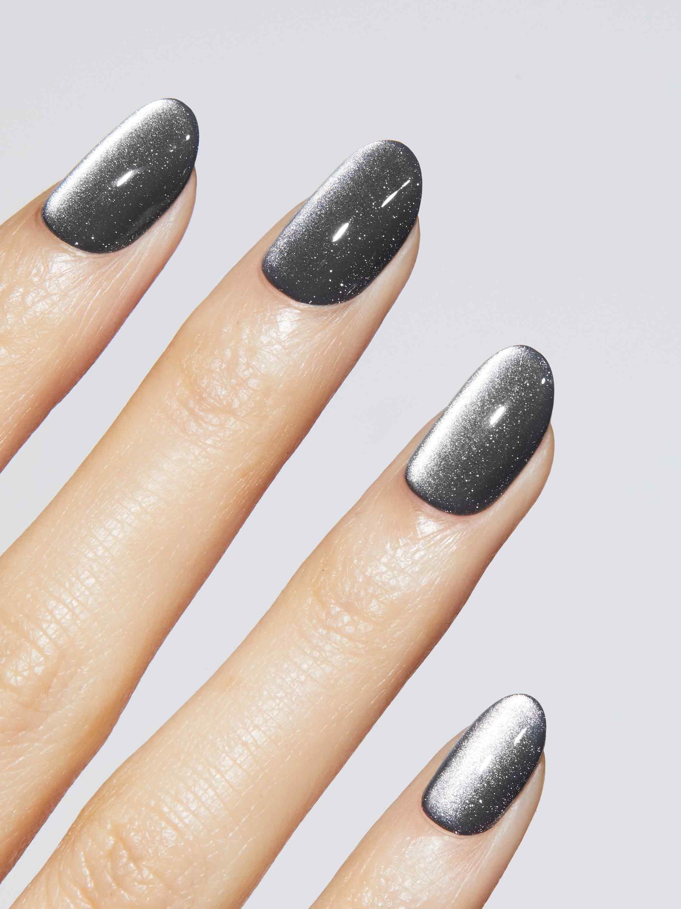 Dark Grey Silver Shimmer Almond Nails Dark Grey Silver Shimmer Almond Nails — Velvet Nails