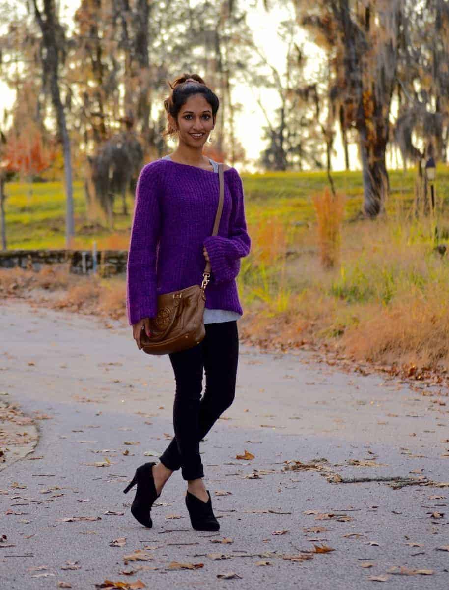 Vibrant Contrast: Purple Sweater with Black Slim Pants Vibrant Contrast: Purple Sweater with Black Slim Pants — Oversized Sweater Outfits