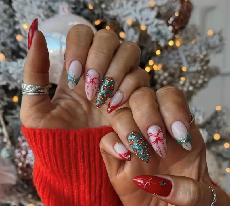 Green Glitter Christmas Tree Nails Green Glitter Christmas Tree Nails — Winter Nail Colors for Women Over 40