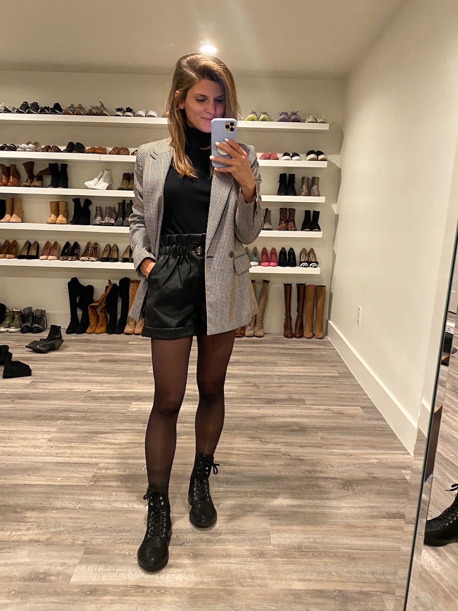 Black Tights with Leather Shorts and Plaid Blazer — Tights Outfits