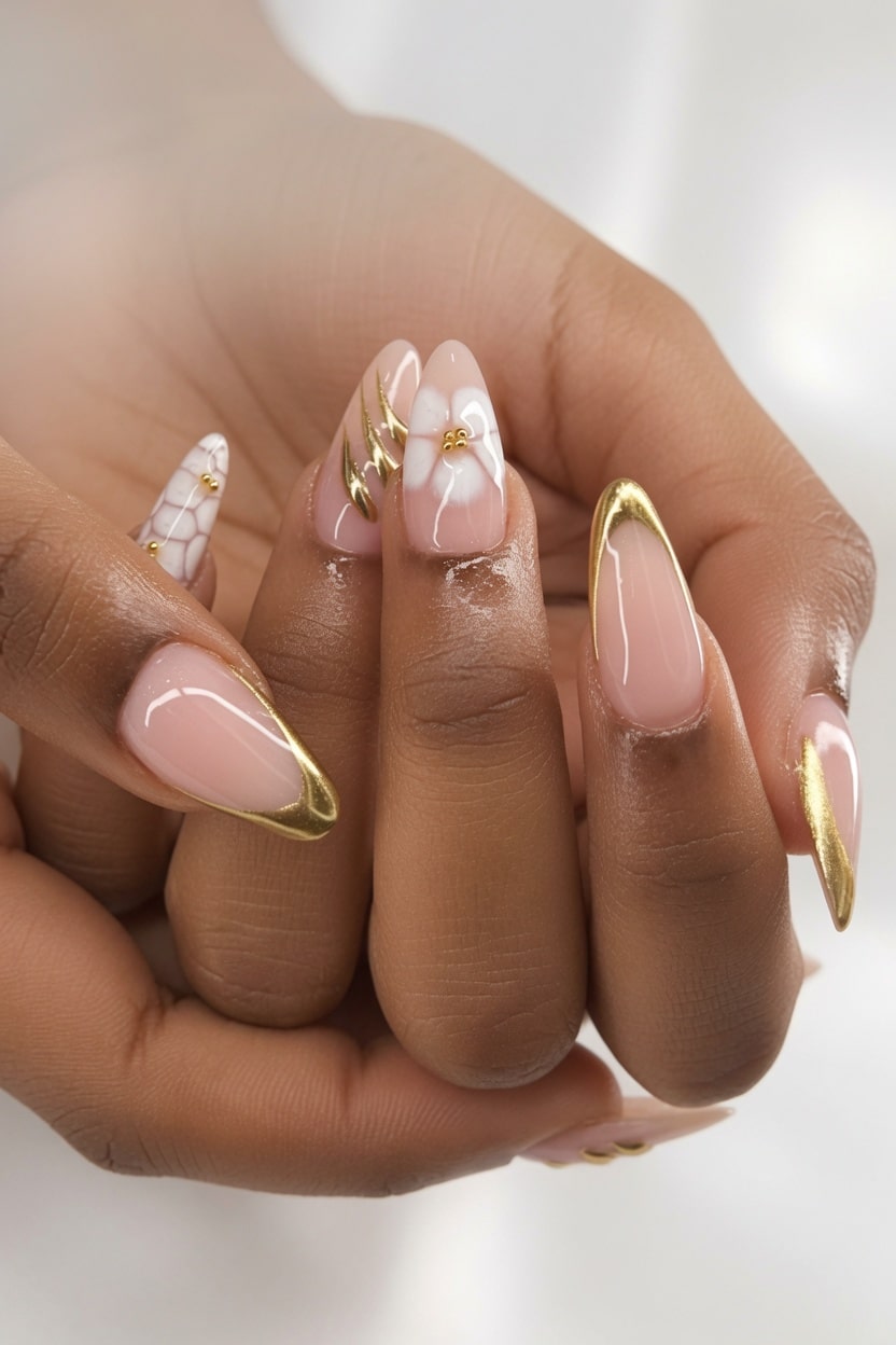 Medium Almond Gold French with Florals Medium Almond Gold French with Florals — French Nail Designs