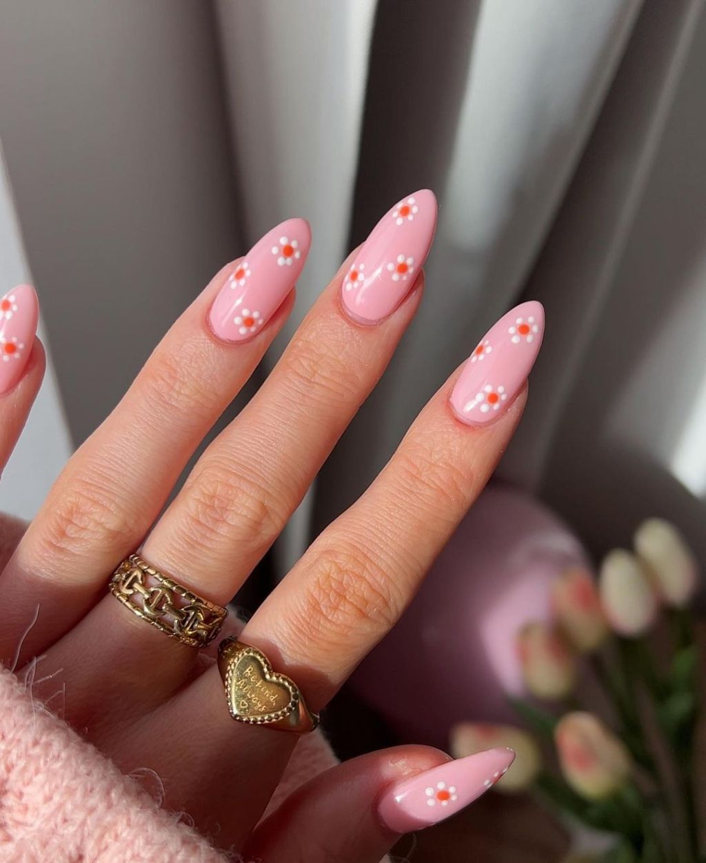 Light Pink Floral Medium Almonds Light Pink Floral Medium Almonds — Winter to Spring Transition Nails