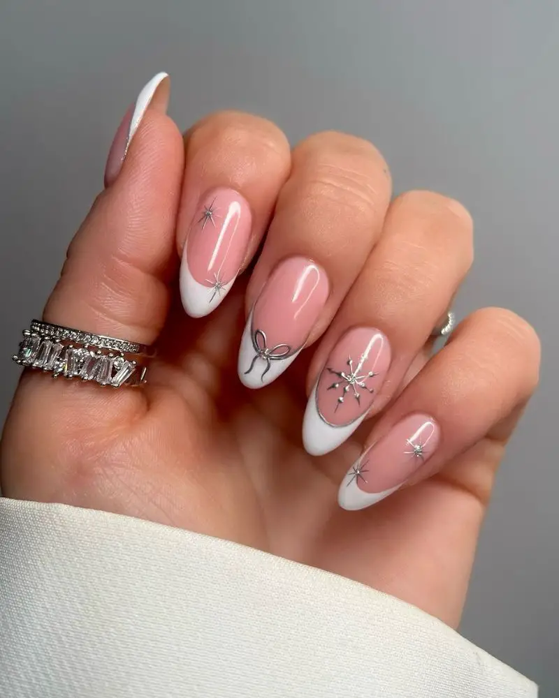 Sheer Pink French Snowflake Almonds Sheer Pink French Snowflake Almonds — Snowflake Nails