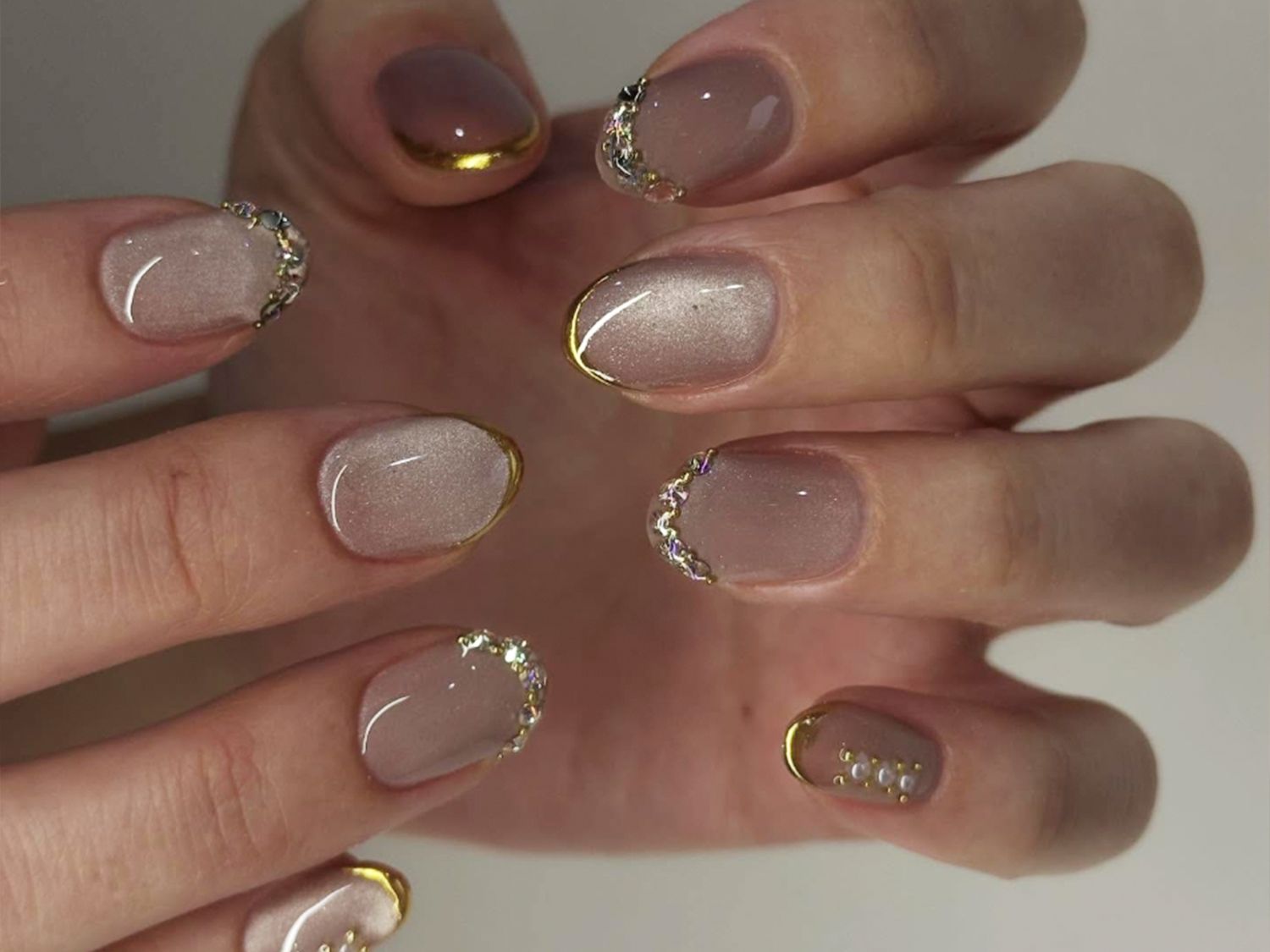 Taupe with Gold French Tips & Pearls — January Nails